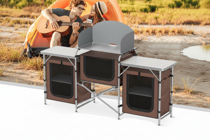 Portable Folding Camping Table – Outdoor Kitchen Grill Table with Storage Organizer, Windscreen & Carry Bag