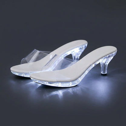 Crystal Clear Women's LED Kitten Heel Sandals – Light-Up Transparent Slide Heels for Nightclubs & Parties