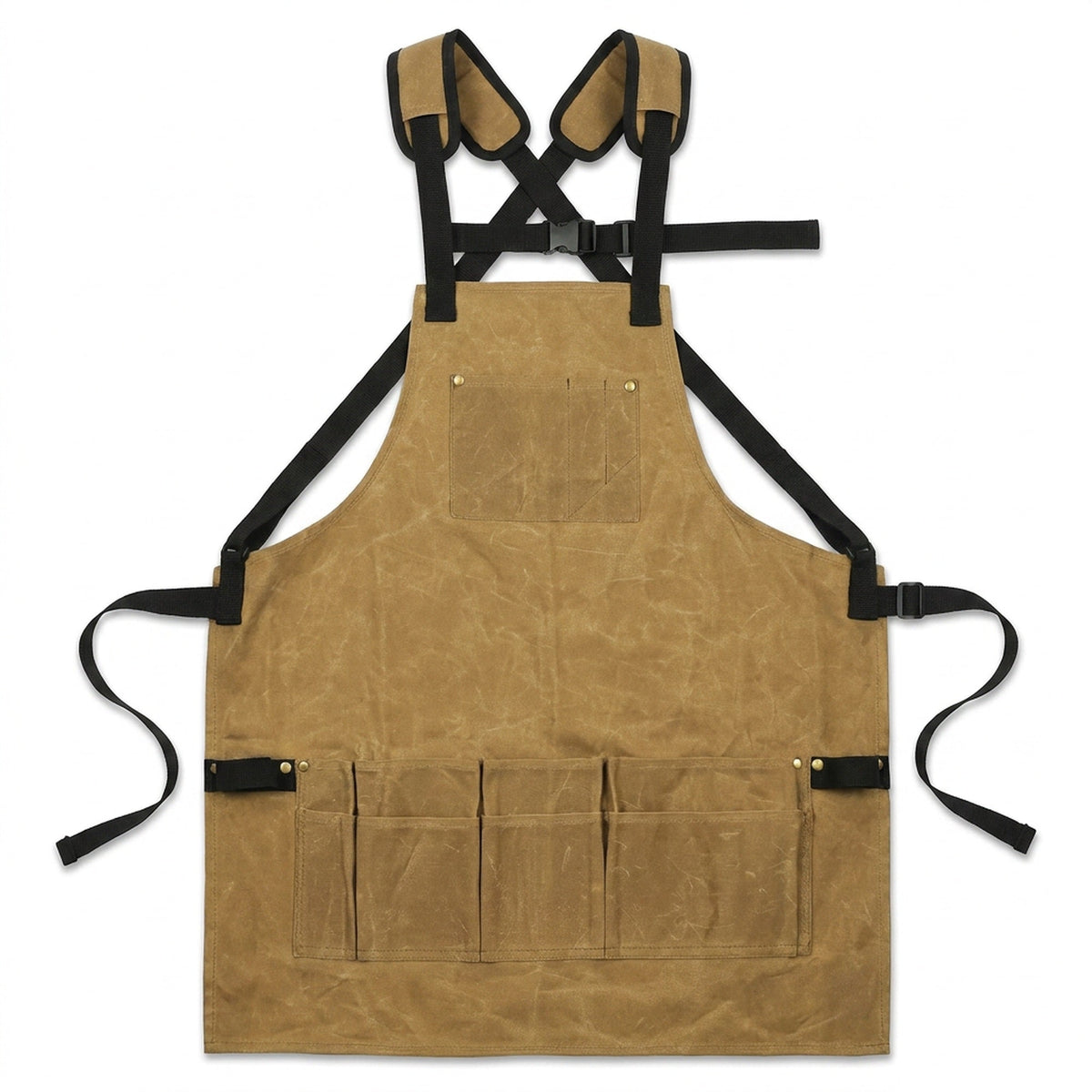 Waxed Canvas Work Apron with Tool Pockets - Heavy Duty Woodworking Shop Apron, Cross-Back Straps