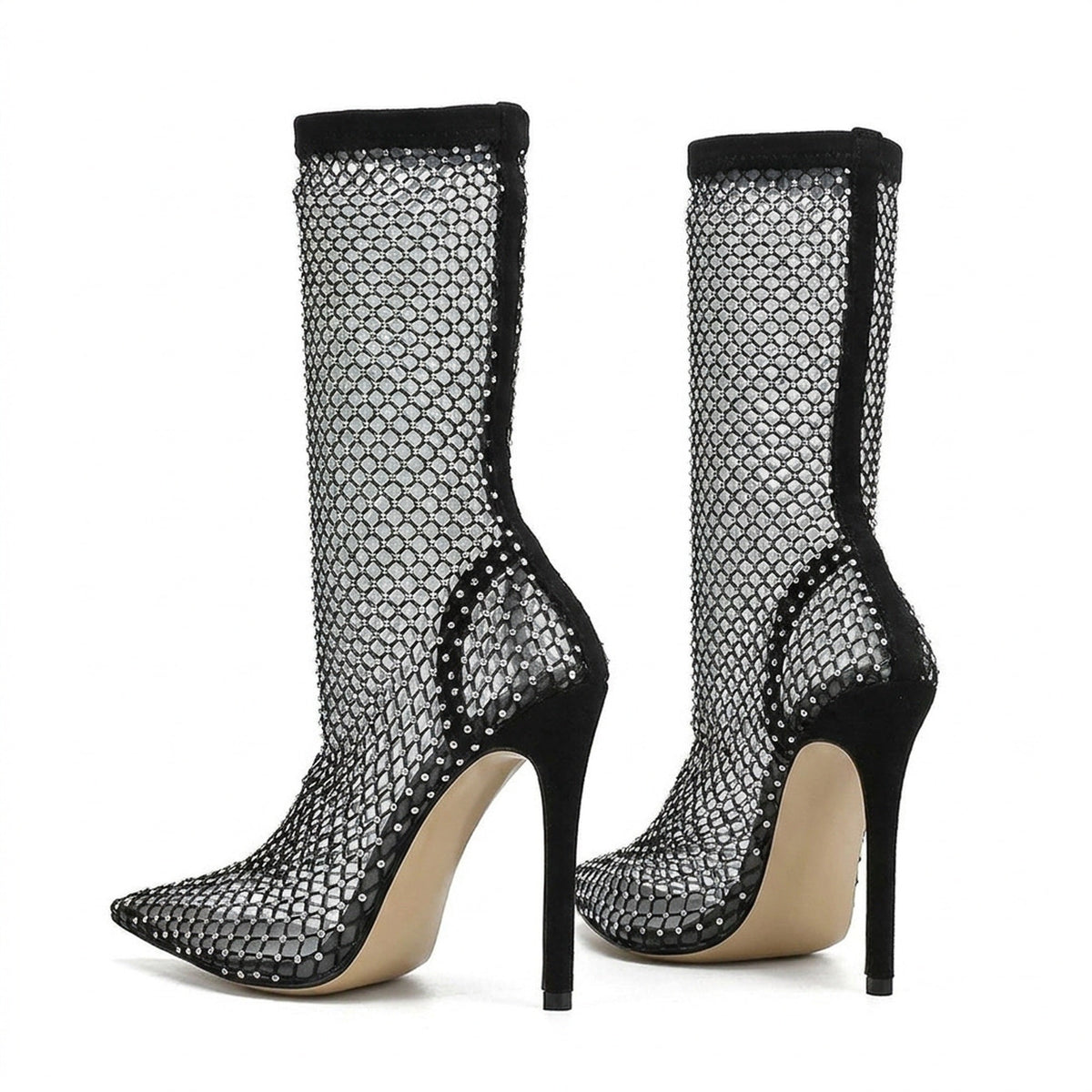 Rhinestone Fishnet Sock Heels – Black Mesh Pointed-Toe Stiletto Boots