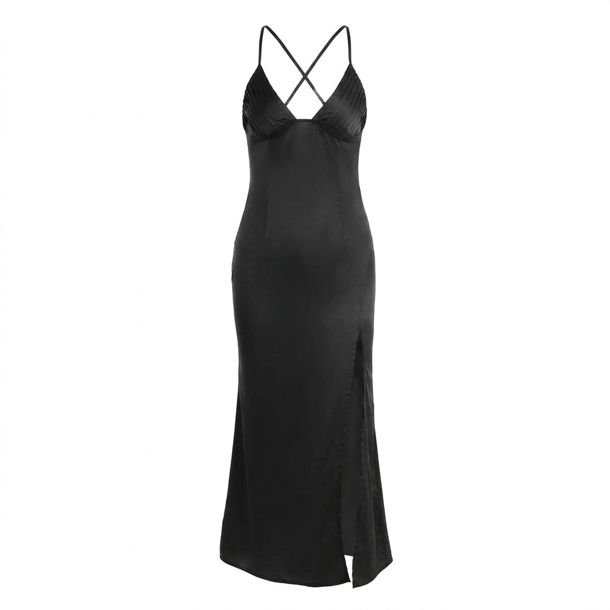 Backless Satin Slip Dress – Sexy Spaghetti Strap V-Neck Bodycon Maxi – High Slit Party Dress