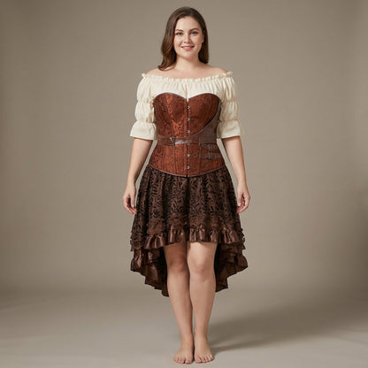 Women’s Pirate Corset Dress – Plus Size Brown Faux Leather Steampunk Costume with Off-Shoulder Blouse for Halloween Party Cosplay