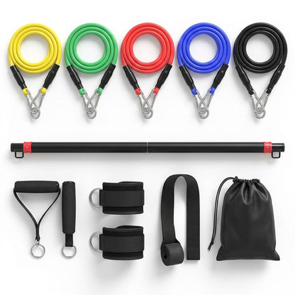Stackable Resistance Band Bar Set - 5 Clip-On Bands, Two-Piece Bar, Handles, Ankle Straps & Door Anchor