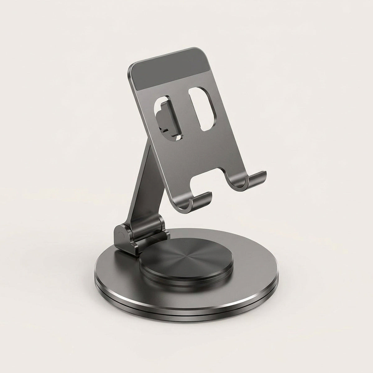 360° Swivel Phone Stand — Folding Metal Desk Holder with Rotating Base, Adjustable Height and Tilt