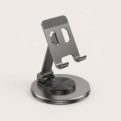 360° Swivel Phone Stand — Folding Metal Desk Holder with Rotating Base, Adjustable Height and Tilt