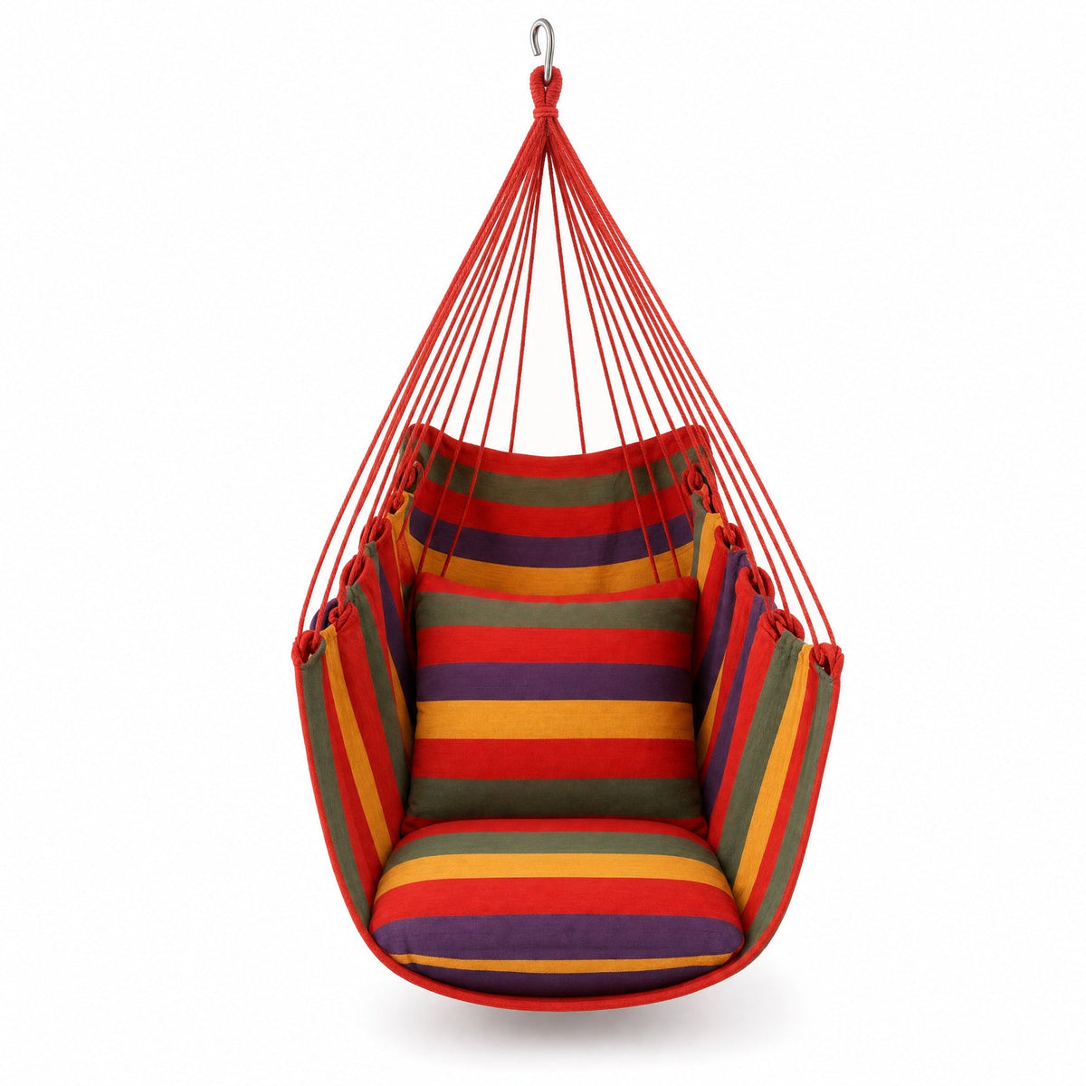Striped Hammock Chair – Hanging Rope Swing Seat with Cushions for Porch, Patio, Bedroom & Camping