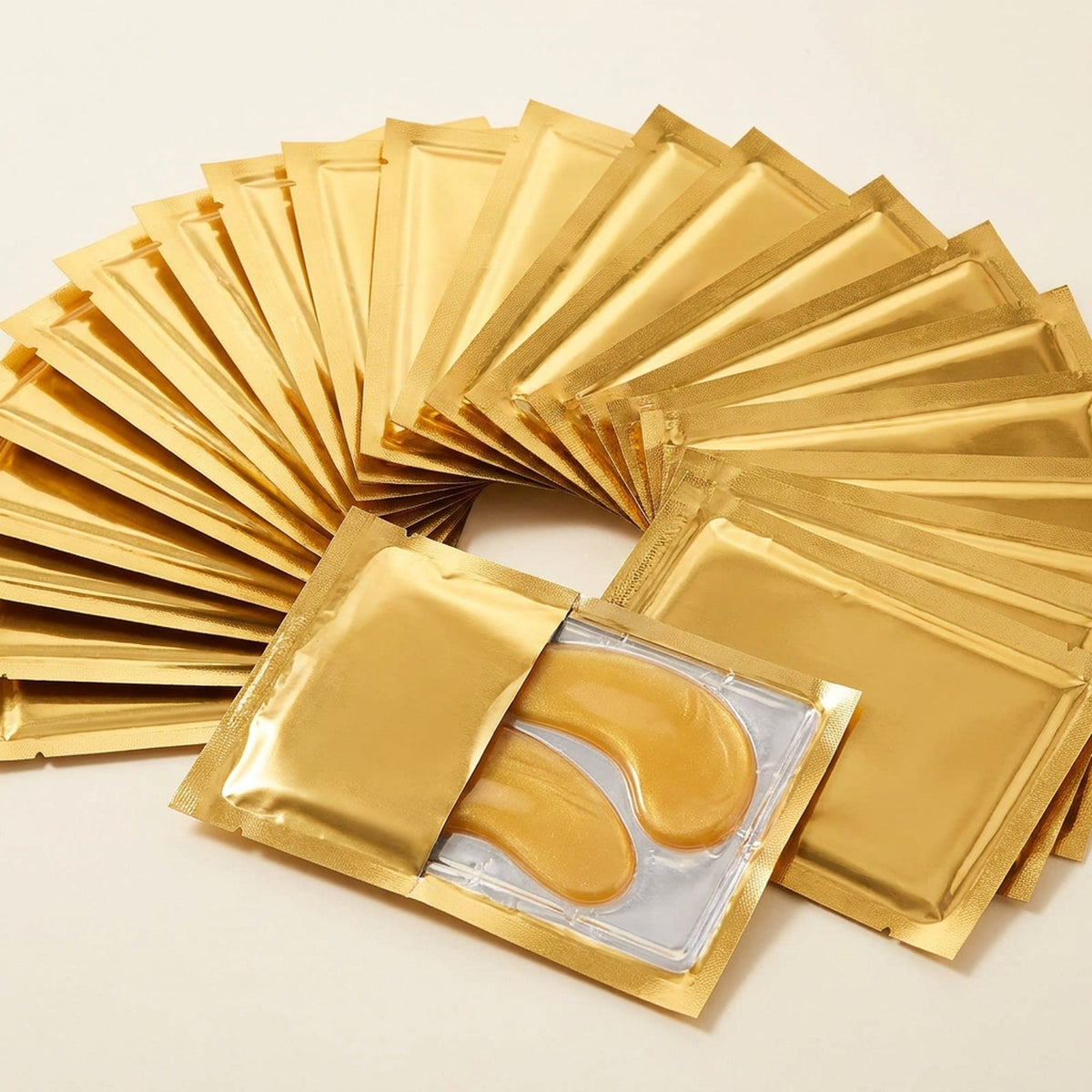 Gold Under-Eye Gel Patches — Cooling Hydrogel Eye Masks in Single-Use Foil Sachets, 20–30 Minute Wear
