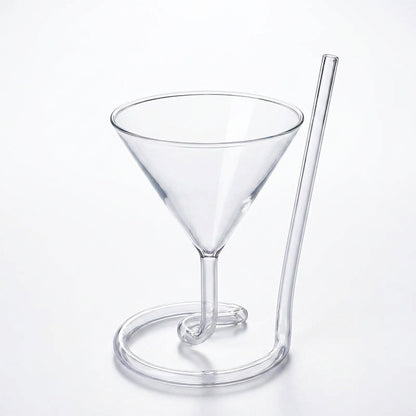 Spiral Straw Cocktail Glass– Stylish Triangle Wine Glass with Built-in Straw for Martini, Whiskey & Party Elegance