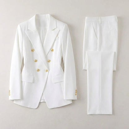Women's Pant Suit – Double Breasted Business Blazer Set, Gold Buttons – Blazer, Pants or Skirt