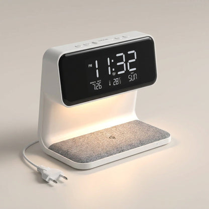 Creative 3-in-1 Bedside Lamp – Wireless Phone Charger & Smart Alarm with LCD Display for a Sleek, All-in-One Nightstand Upgrade