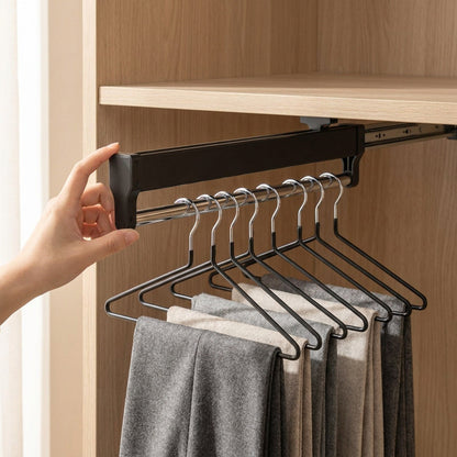 Top-Mount Pull-Out Wardrobe Hanger Rail – Extendable Adjustable Closet Rod for Hanging Clothes, Trouser Organization, Maximizing Wardrobe Space Neatly and Efficiently