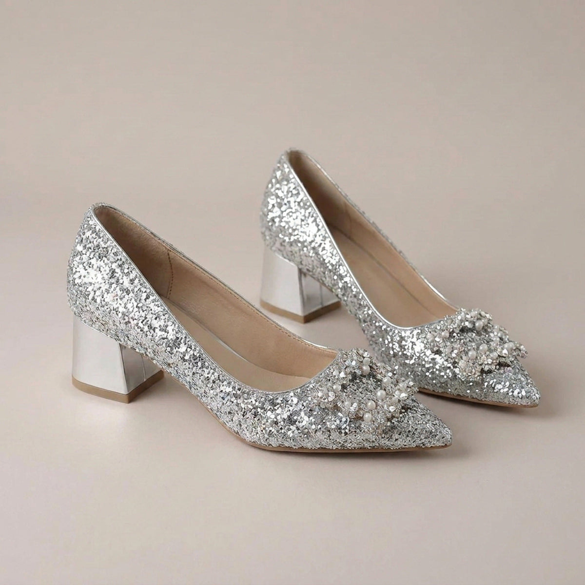 Rhinestone Wedding Shoes – Glitter Block Heel Pumps with Crystal Bow Buckle for Weddings and Parties