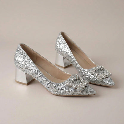 Rhinestone Wedding Shoes – Glitter Block Heel Pumps with Crystal Bow Buckle for Weddings and Parties