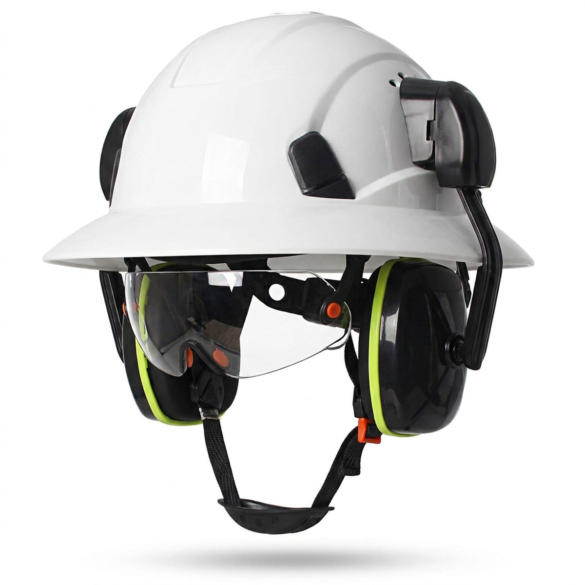 Full Brim Hard Hat with Built-In Eye Shield & Earmuffs – Vented HDPE Safety Helmet, ANSI Z89.1 Type I Class C