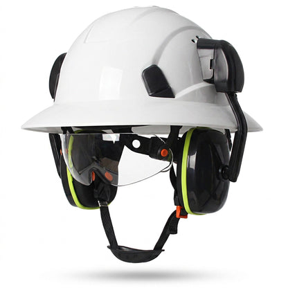 Full Brim Hard Hat with Built-In Eye Shield & Earmuffs – Vented HDPE Safety Helmet, ANSI Z89.1 Type I Class C