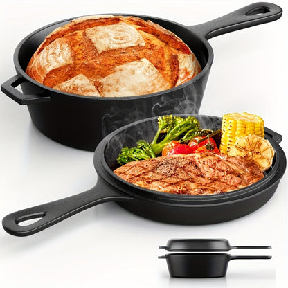 Heavy-Duty Cast Iron Dutch Oven Set – 2-in-1 Convertible Pot & Lid with Silicone Grips for Indoor and Outdoor Cooking Versatility