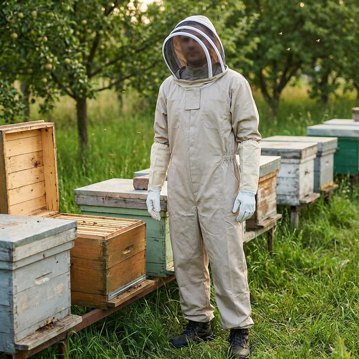 Professional Full-Body Beekeeping Suit with Ventilation and Protective Gloves – Durable Safety Outfit for Beekeepers and Outdoor Apiary Work