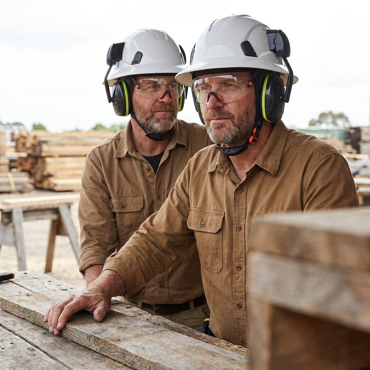 Full Brim Hard Hat with Built-In Eye Shield & Earmuffs – Vented HDPE Safety Helmet, ANSI Z89.1 Type I Class C