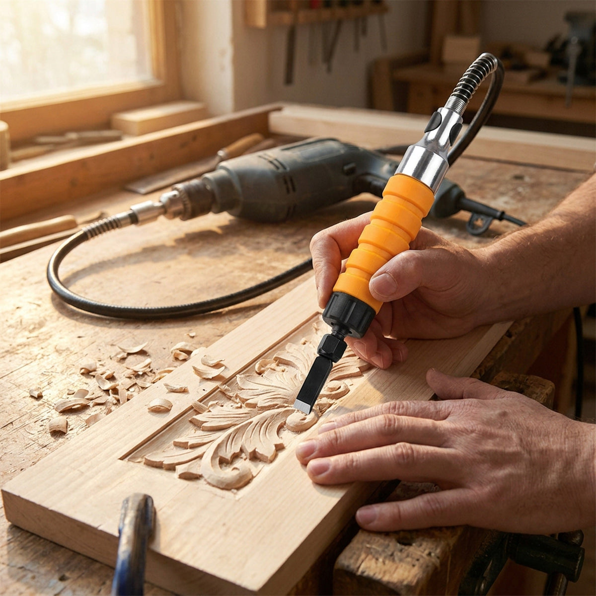 Power Wood Carving Tool – Drill-Powered Chisel Carver with Flexible Shaft, 5 Blades and Wrench (Drill Not Included)