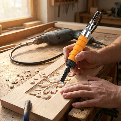 Power Wood Carving Tool – Drill-Powered Chisel Carver with Flexible Shaft, 5 Blades and Wrench (Drill Not Included)