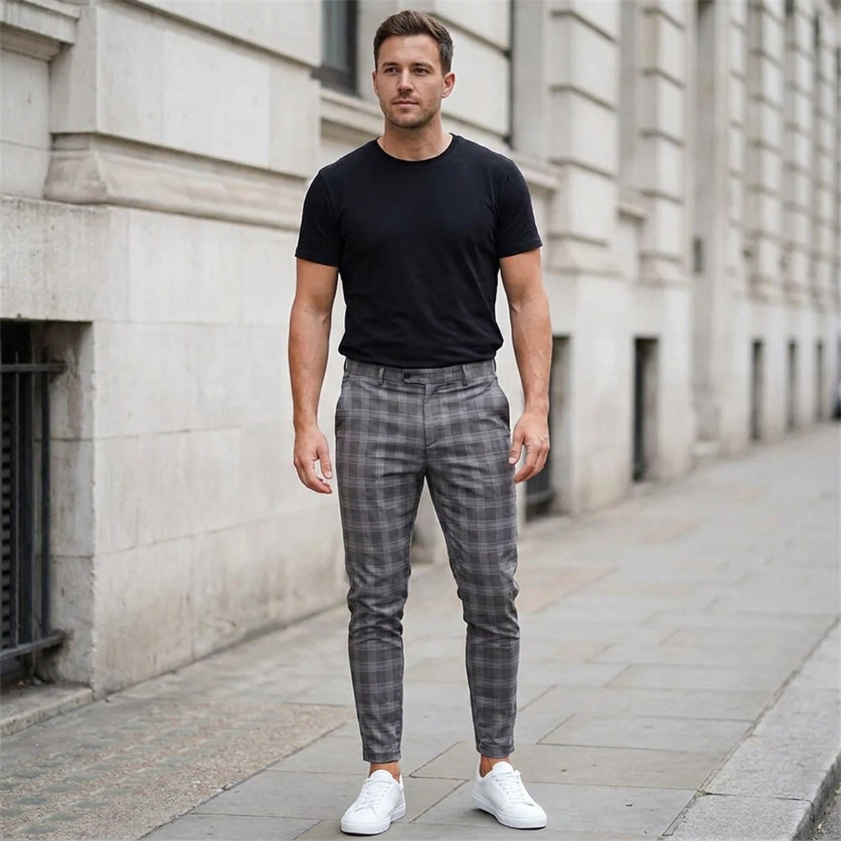 Men's Slim-Fit Plaid Trousers - Tapered Ankle-Length Check Pants