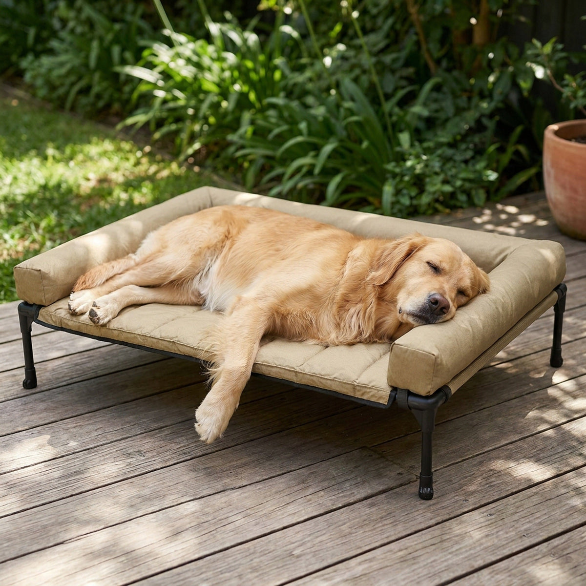 Raised Breathable Cooling Elevated Dog Bed with Pillow-Top – Mesh Bolster Pet Cot for Indoor/Outdoor Summer Comfort & Joint Support