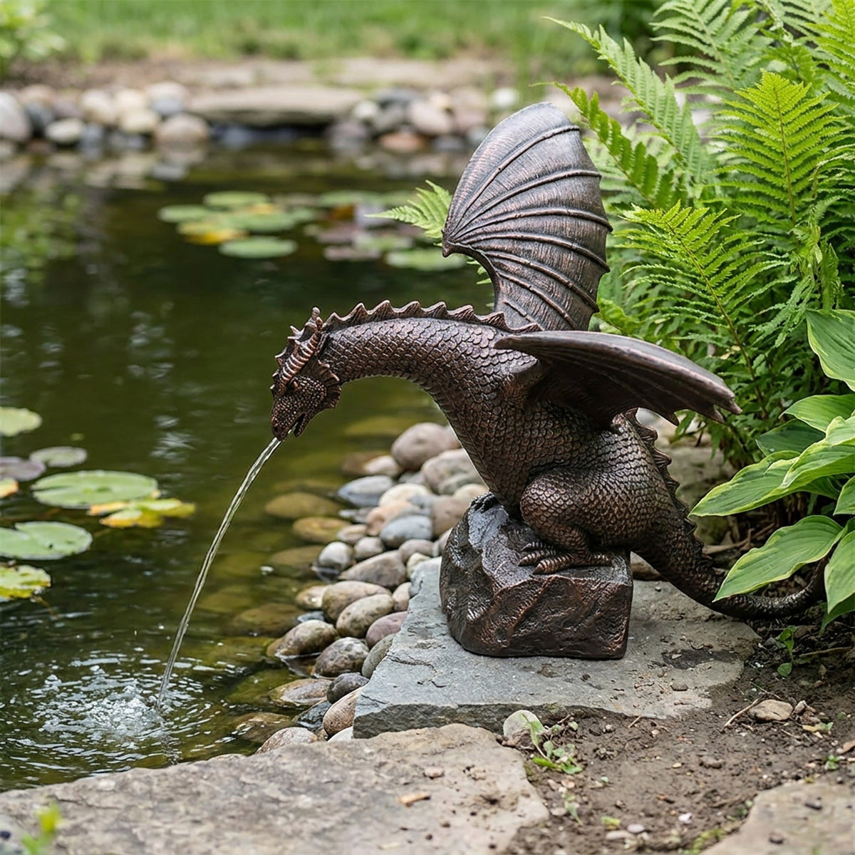 Fire-Breathing Dragon Fountain Statue – Bronze-Finish Resin Garden Sculpture