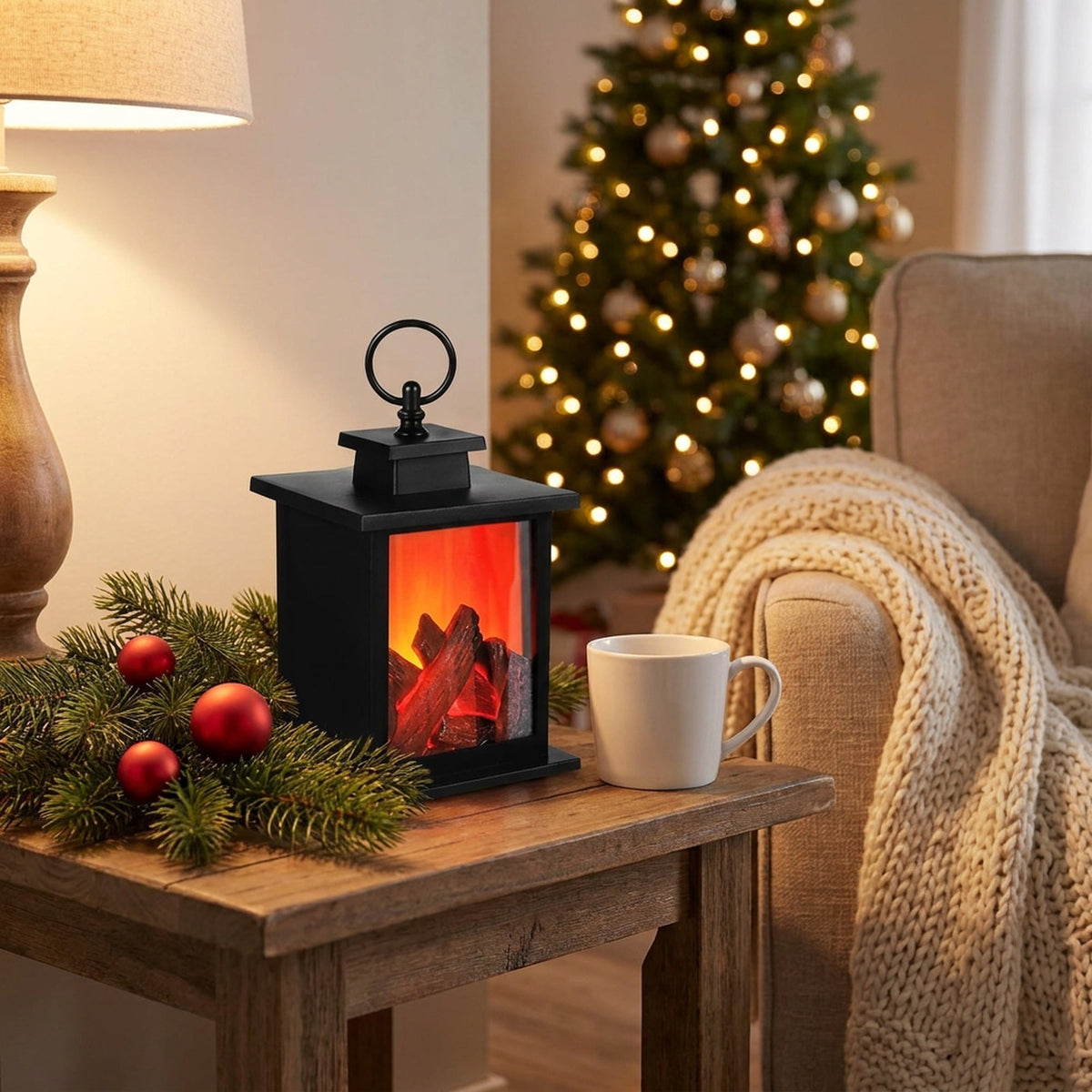 Retro Fireplace Lantern – Flickering Flame Night Light for Christmas Charm, USB/Battery-Powered Holiday Décor