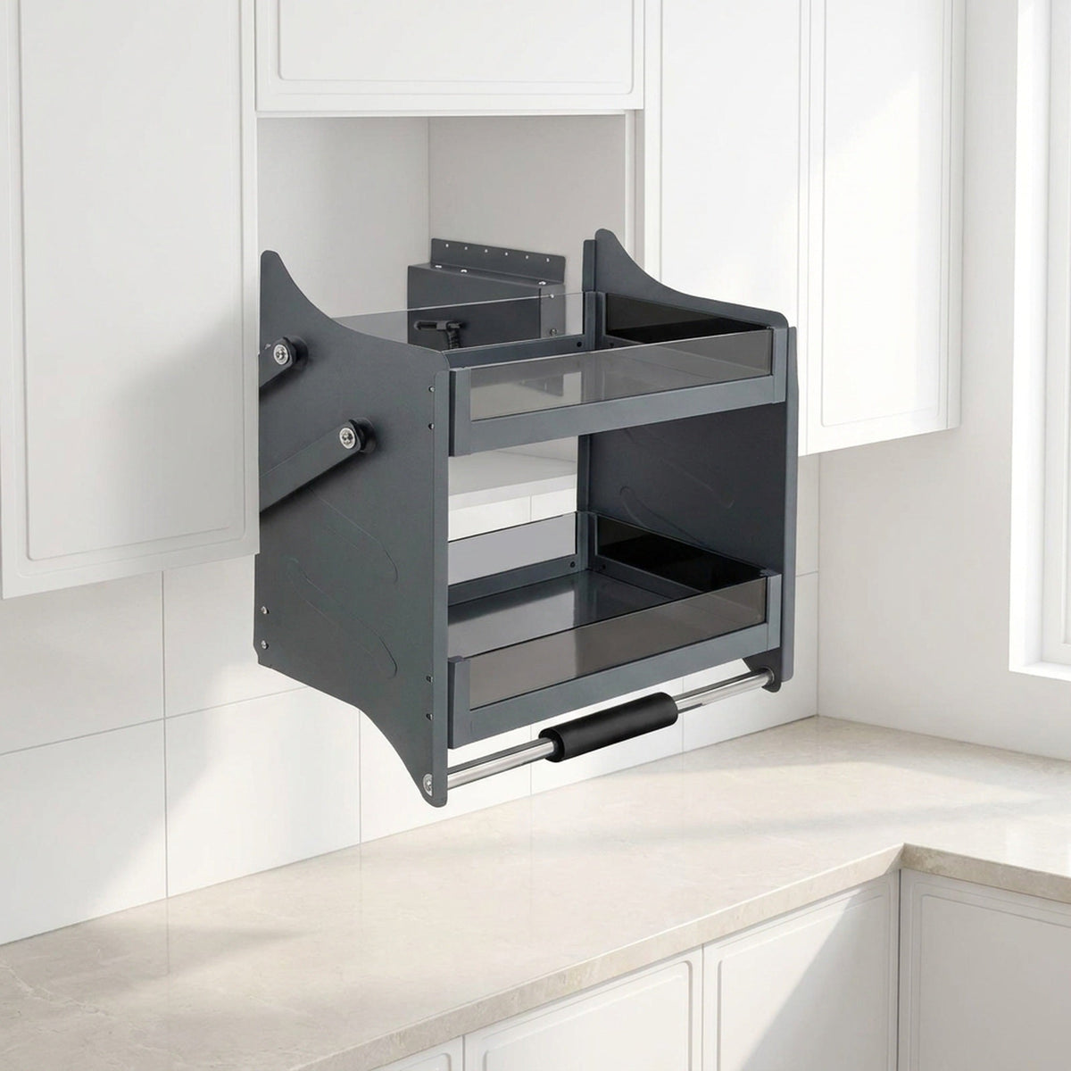 Pull-Down Cabinet Shelf – 2-Tier Lift-Down Basket for 24 in Upper Cabinets