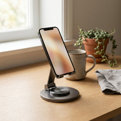 360° Swivel Phone Stand — Folding Metal Desk Holder with Rotating Base, Adjustable Height and Tilt