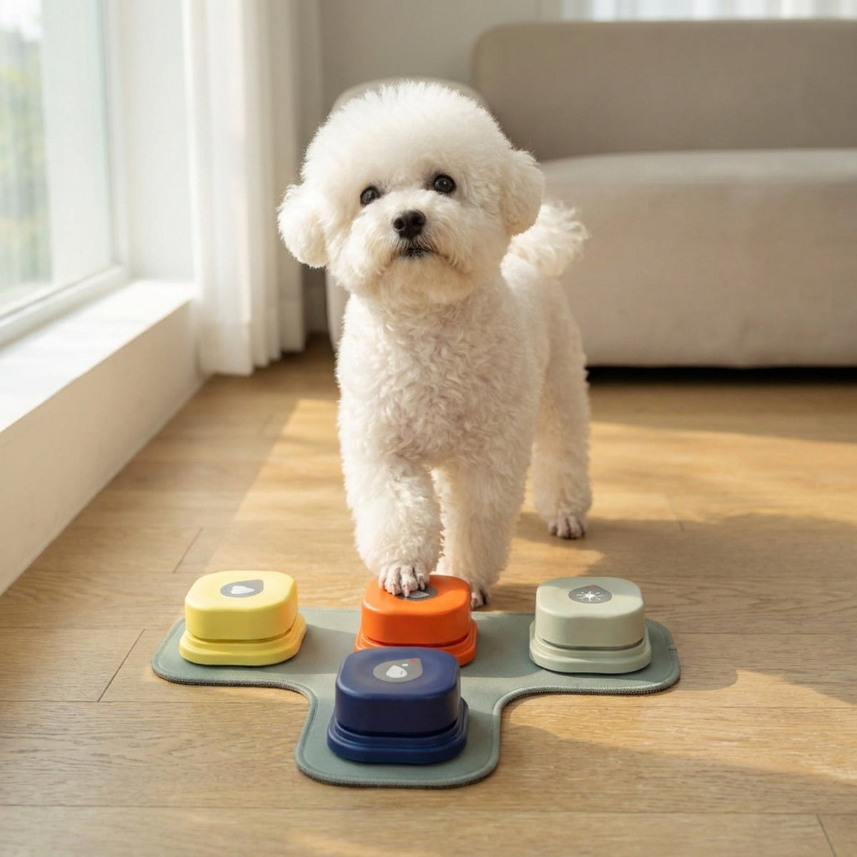 Dog Talking Buttons – Recordable Communication Training Buttons for Dogs & Cats – Set of 4 with Non-Slip Mat & Stickers