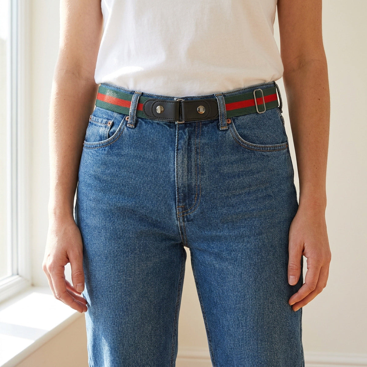 Buckle-Free Stretch Belt for Women - Flat Elastic Waist Belt with Snap Tabs, No Buckle Bulge
