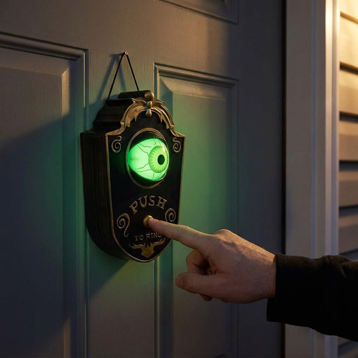 Animated Eyeball Halloween Doorbell - Push-to-Ring Decoration with Spooky Sounds and Glowing Green Eye