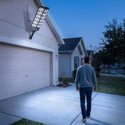 504-LED Solar Motion Sensor Light – Remote Control, 3 Lighting Modes + SOS Flash, Fold-Out Wall Bracket, Cool White
