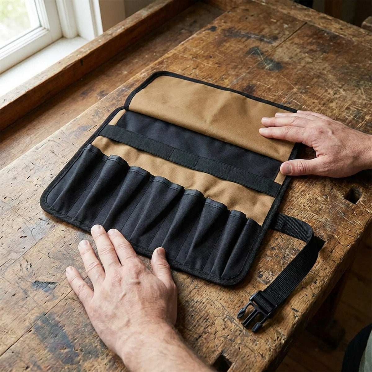 Tool Roll Bag – Roll-Up Oxford Cloth Wrench Organizer, 8 Pockets, Buckle Strap