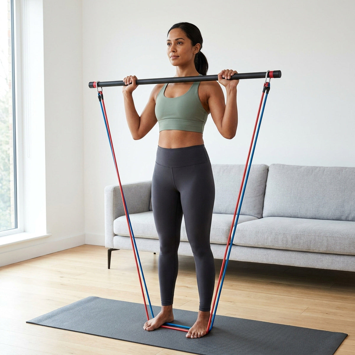 Stackable Resistance Band Bar Set - 5 Clip-On Bands, Two-Piece Bar, Handles, Ankle Straps & Door Anchor