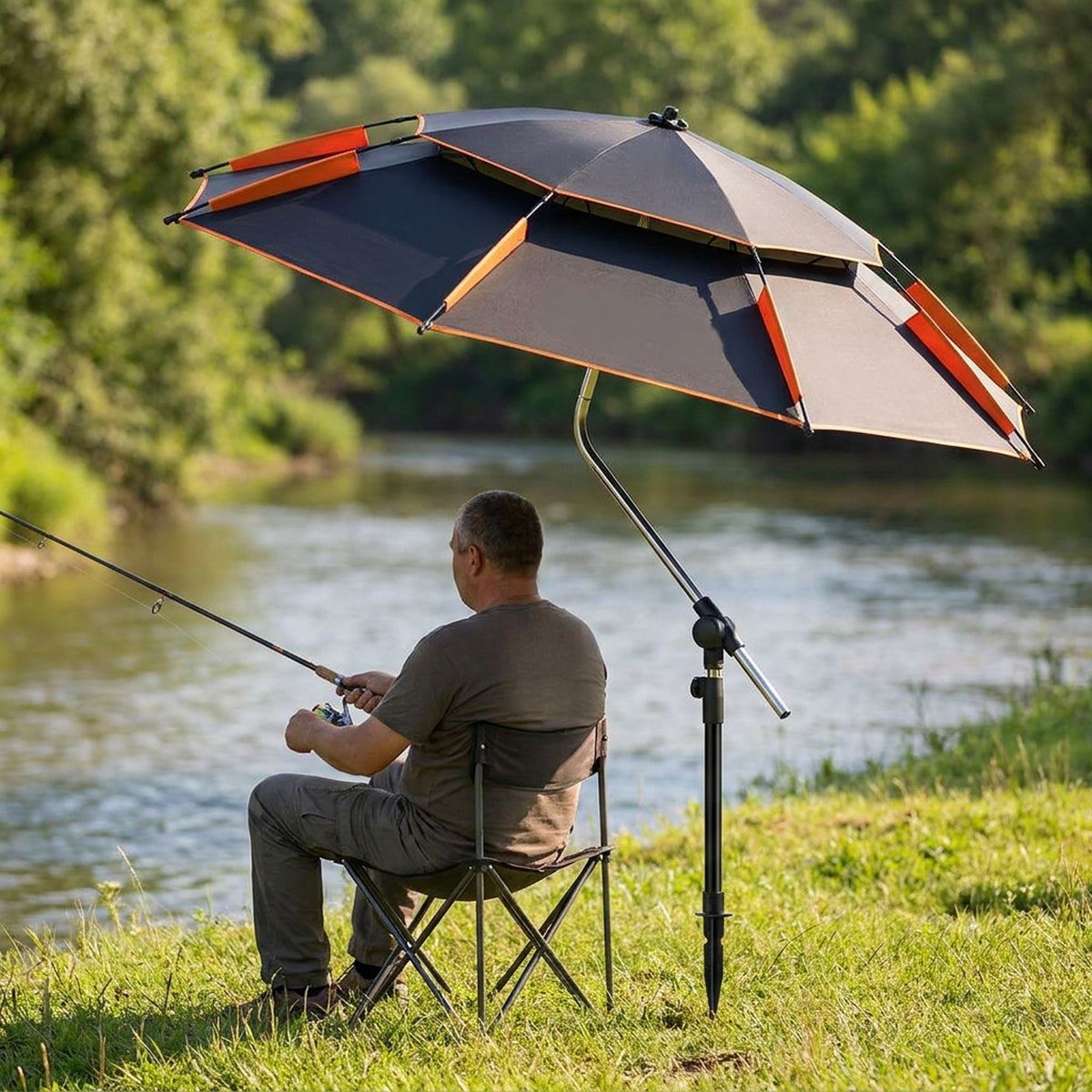 Large Anti-Wind Fishing Umbrella – Double-Deck Vented Canopy, 360° Adjustable UV-Blocking Sunshade with Ground Spike and Carry Bag for Fishing, Camping and Beach Days