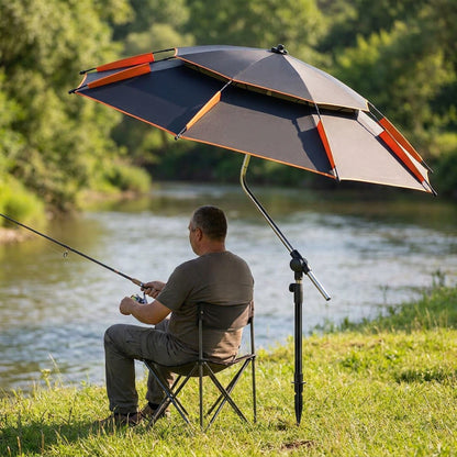 Large Anti-Wind Fishing Umbrella – Double-Deck Vented Canopy, 360° Adjustable UV-Blocking Sunshade with Ground Spike and Carry Bag for Fishing, Camping and Beach Days