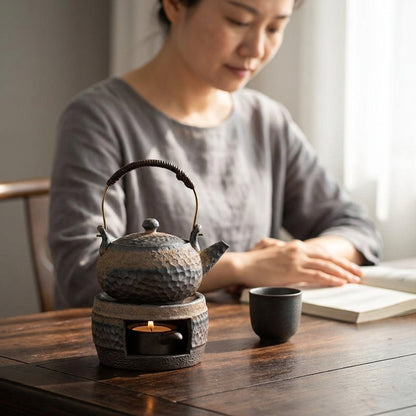Ceramic Tea Stove & Teapot Warmer Set – Hammered Stoneware, Tea-Light Heated