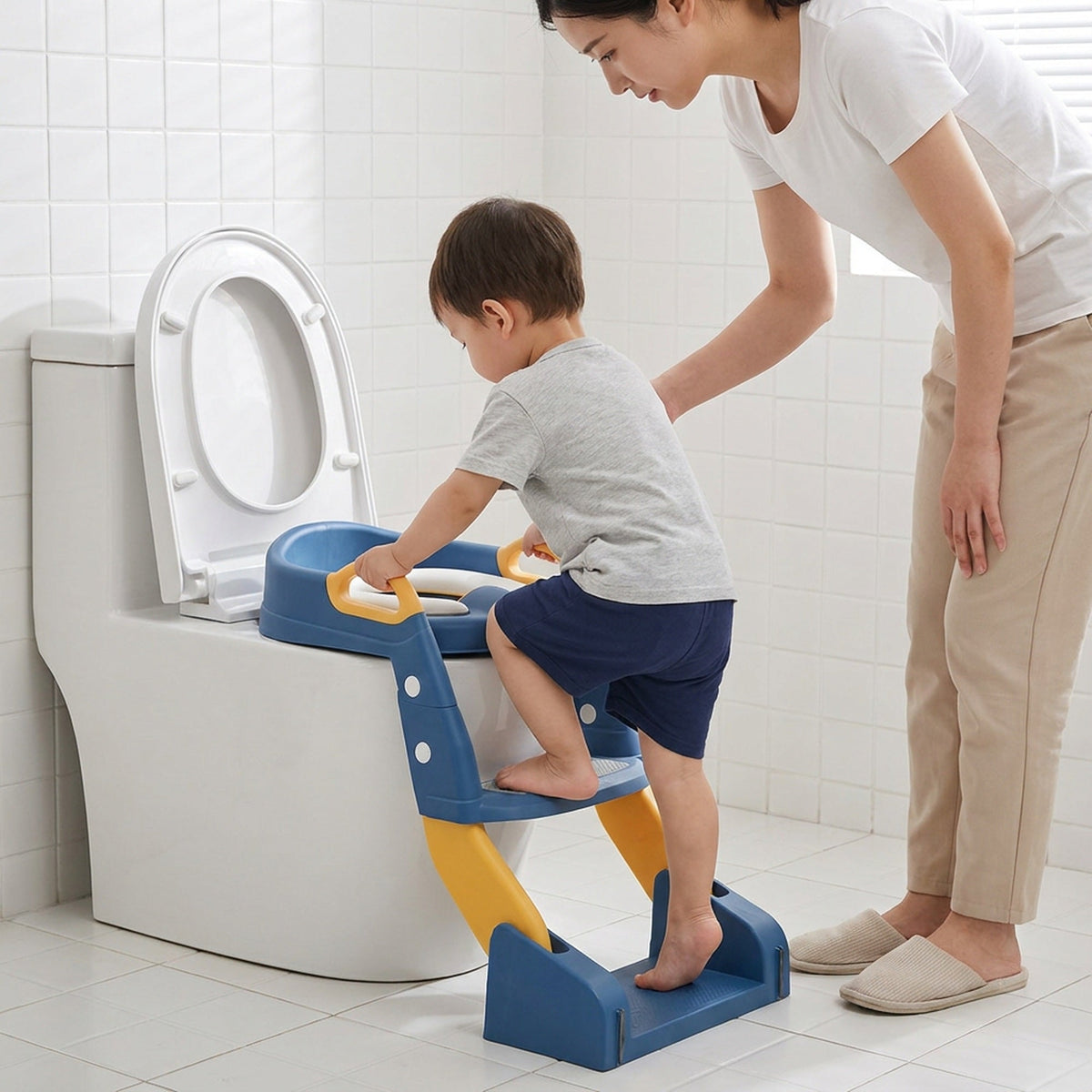 2-in-1 Toddler Toilet Ladder Seat and Floor Potty – Folding, with Removable Basin