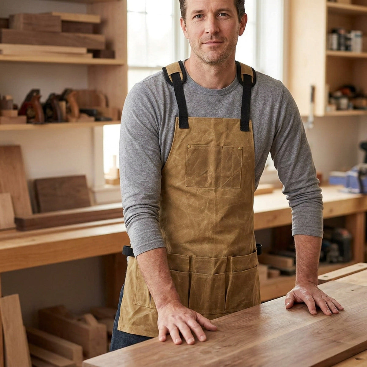 Waxed Canvas Work Apron with Tool Pockets - Heavy Duty Woodworking Shop Apron, Cross-Back Straps