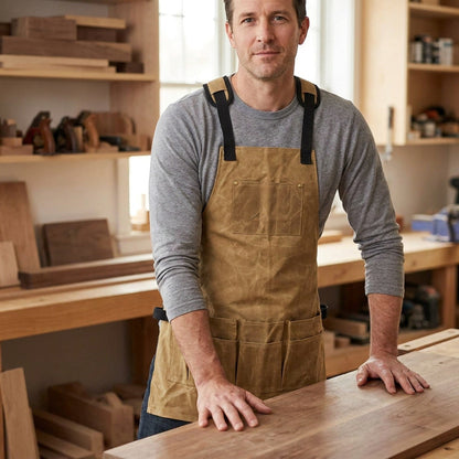 Waxed Canvas Work Apron with Tool Pockets - Heavy Duty Woodworking Shop Apron, Cross-Back Straps