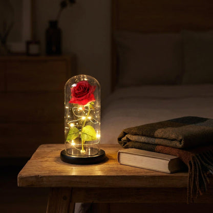 Preserved Rose in Glass Dome – LED Beauty & The Beast Flower for Romantic Gifts & Elegant Home Décor