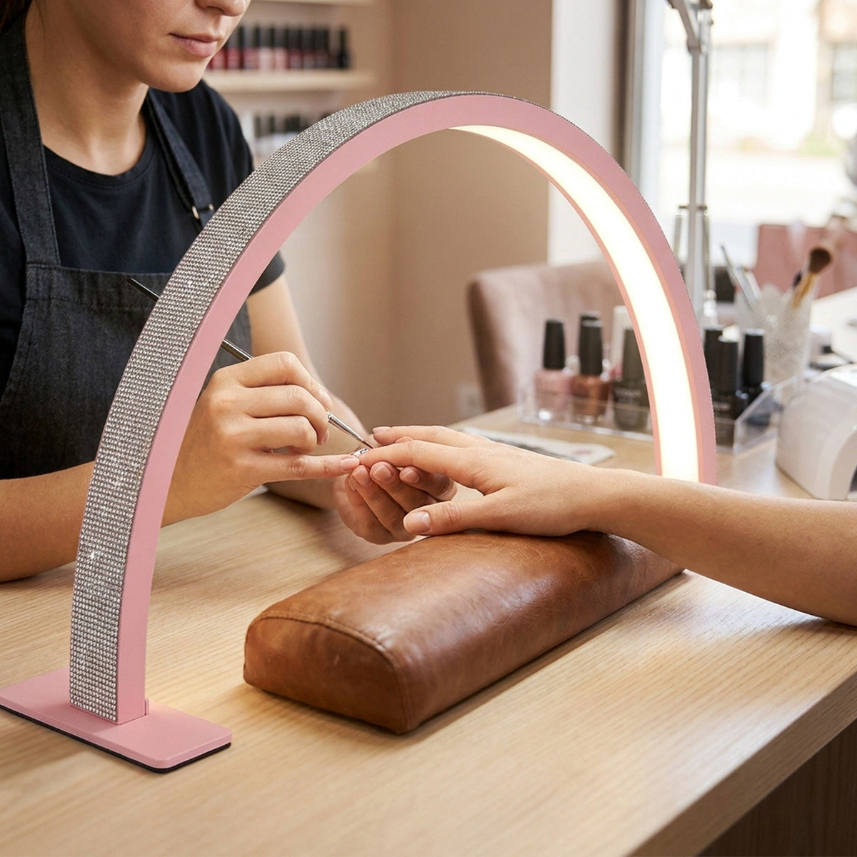 Half Moon Nail Desk Lamp – 28 in LED Arc Work Light for Nails, Lashes, Brows & Tattoo, 3000K–6000K Dimmable
