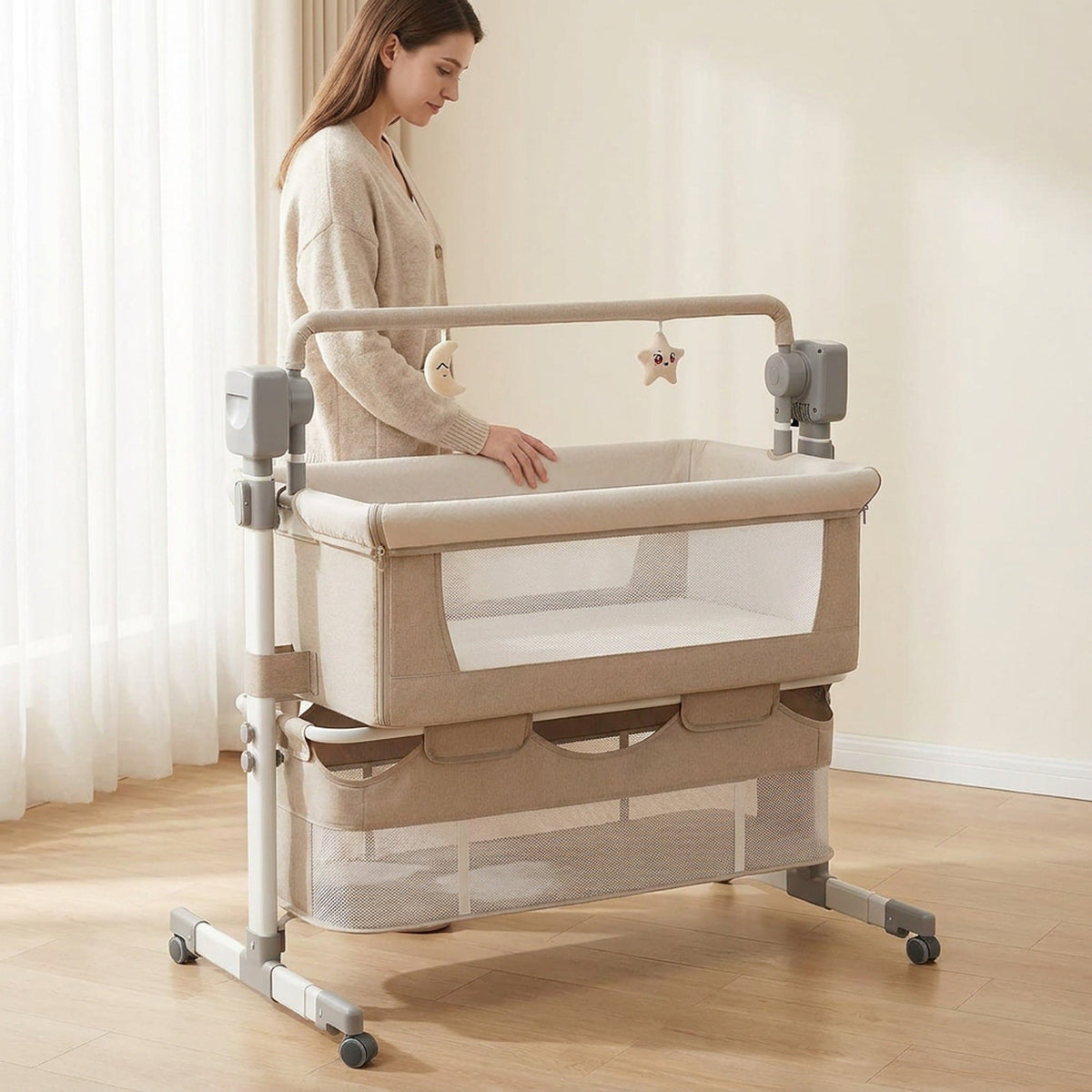 Portable Electric Bassinet - Rolling Baby Bassinet with Remote-Controlled Rocking, Fold-Down Side and Bluetooth Sound