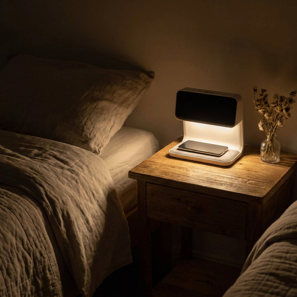 Creative 3-in-1 Bedside Lamp – Wireless Phone Charger & Smart Alarm with LCD Display for a Sleek, All-in-One Nightstand Upgrade