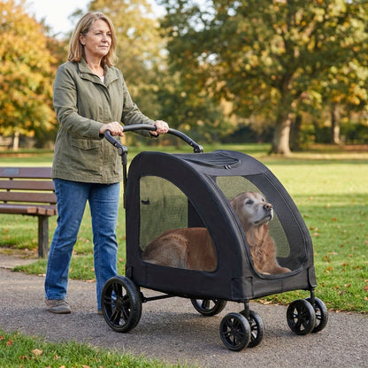 Spacious Heavy-Duty Pet Stroller – 120lb Capacity Dog & Cat Travel Stroller with 360° Wheels, Mesh Panels & One-Step Folding Design for Outdoor Adventures