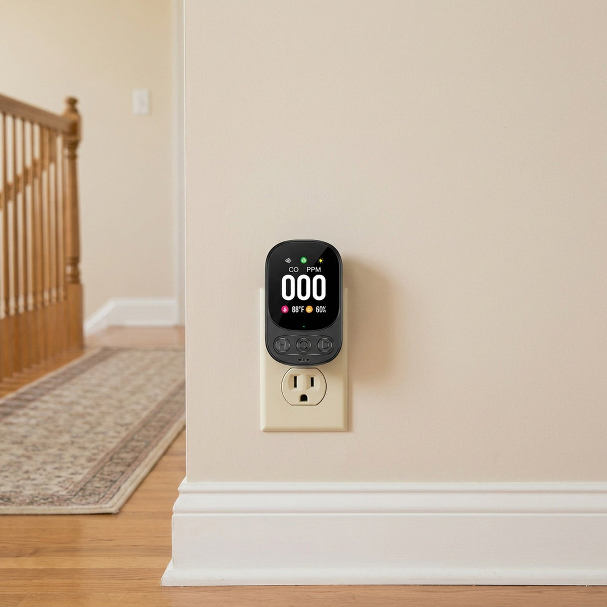 Plug-in Carbon Monoxide Detector – 3-in-1 CO Level Alarm with Temperature & Humidity Sensor, Easy Install Safety Device
