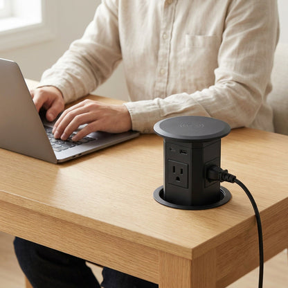 Automatic Pop-Up Desk Socket Tower – Hidden Power Hub with USB-C, Wireless Charging & Global Plug Support