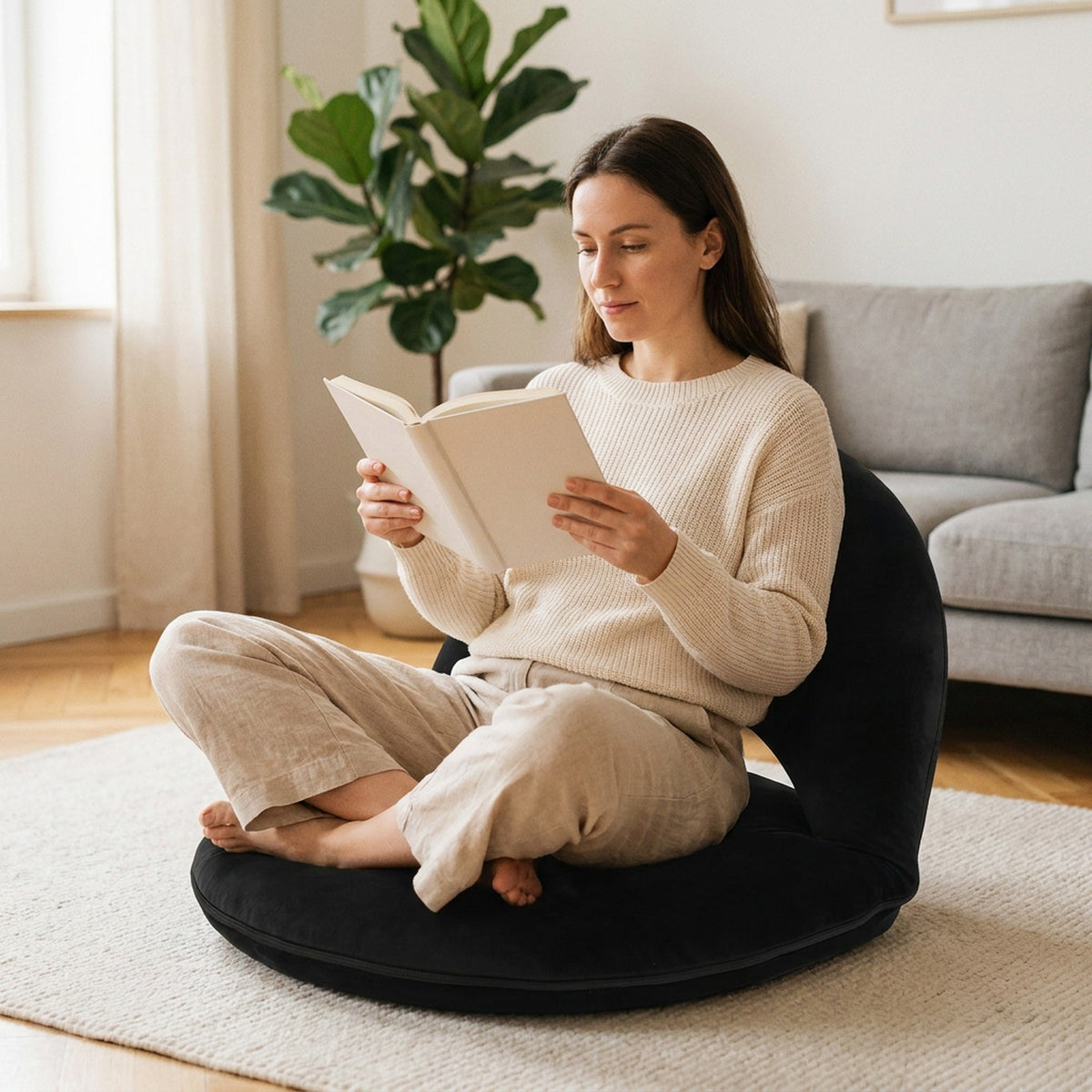 Adjustable Black Lazy Sofa Chair – Foldable Floor Seat with Back & Lumbar Support for Meditation, Yoga, Gaming & Reading
